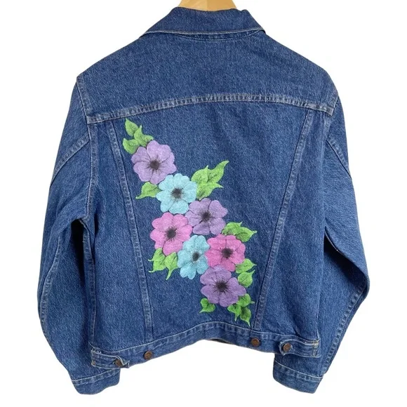 Y2K Vintage  Denim Trucker Jacket S Blue Hand Painted USA - Picture 2 of 10